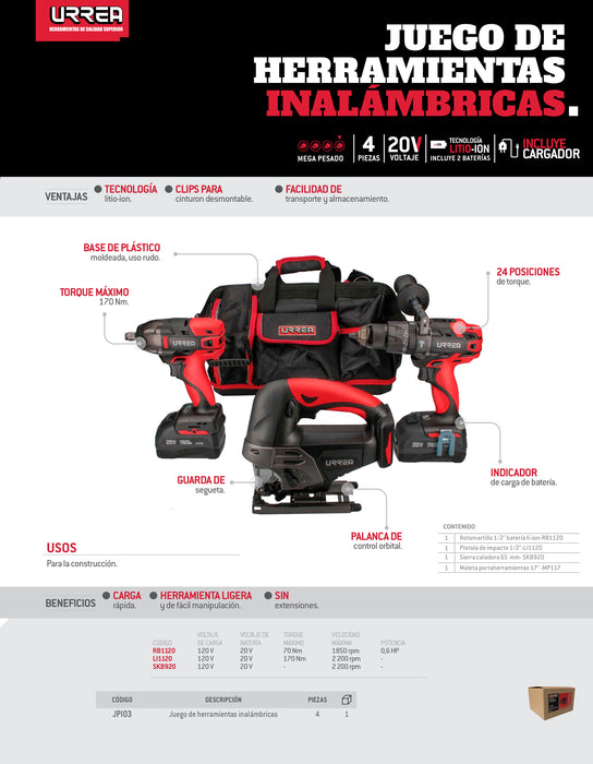 Juego de rotomartillo, pistola de impacto y sierra a batería Li-ion 20 V, 4 pz en maleta Urrea