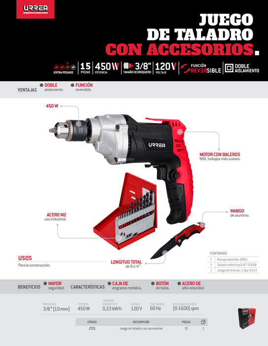 Juego de taladro con accesorios, 15 piezas Urrea