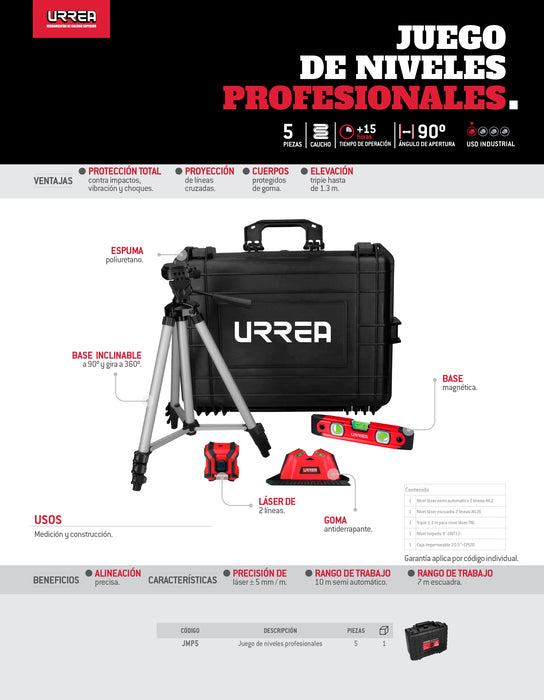 Juego combinado de herramienta para medición 5 piezas, con caja impermeable Urrea