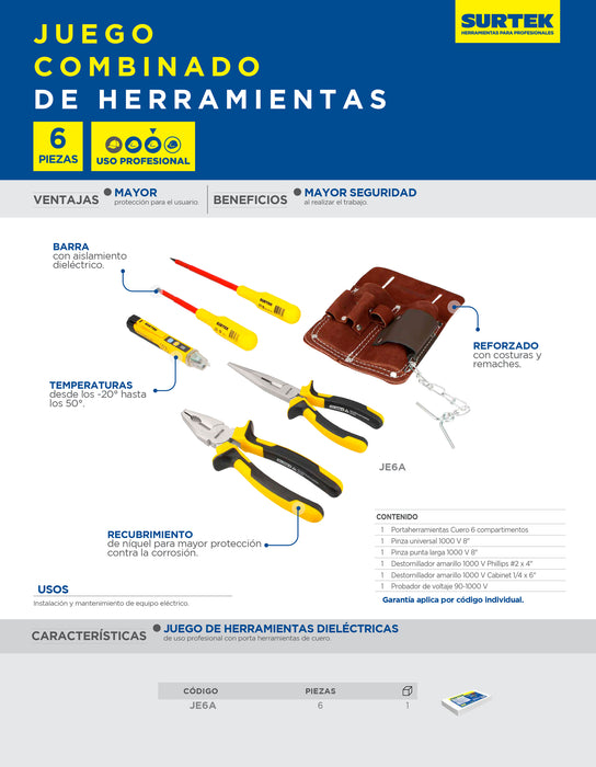 Juego combinado de herramientas para electricista de 1000 V, 6 piezas Surtek
