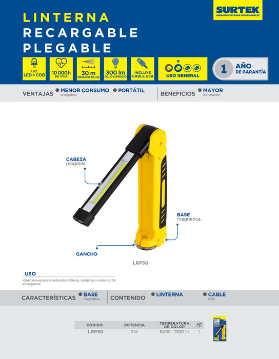 Linterna de LED para taller plegable recargable 300 lm Surtek