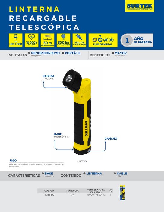 Linterna de LED telescópica recargable 300 lm Surtek