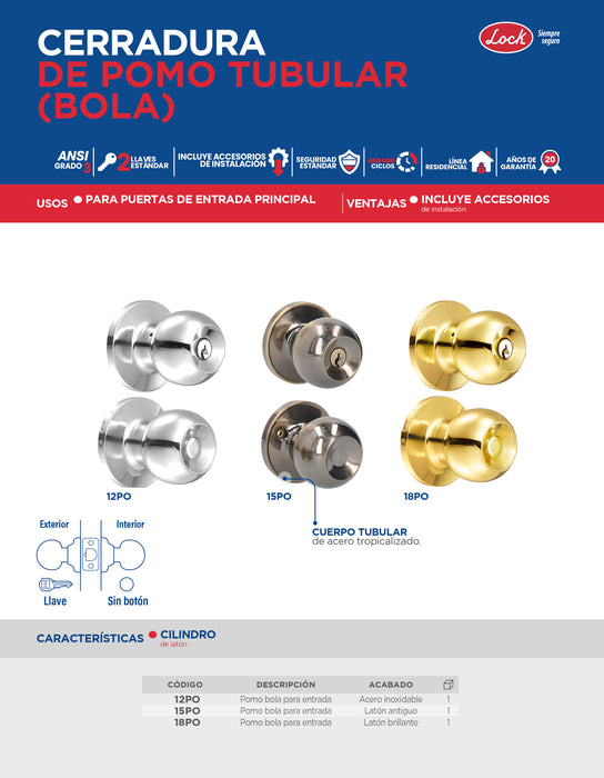 Pomo tubular bola función entrada, latón antiguo, llave estándar, blíster Lock