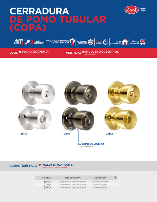 Pomo tubular copa recta función recámara, latón brillante, llave estándar, blíster Lock