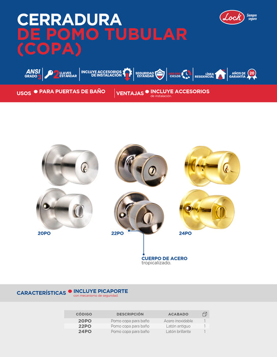 Pomo tubular copa recta función baño, latón brillante, llave estándar, blíster Lock