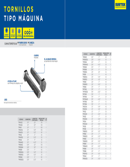 Tornillo tipo máquina rosca parcial 7/16" x 4-1/2", 15 piezas Surtek