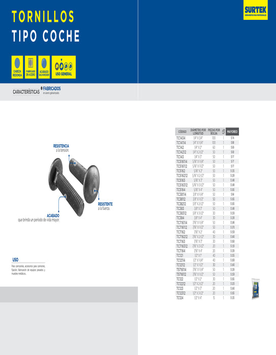 Tornillo tipo coche 3/8" x 3", 50 piezas Surtek