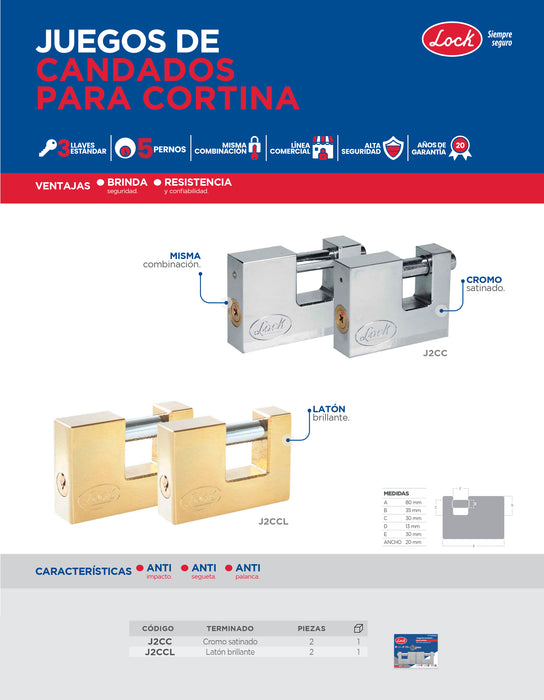 Juego de candados para cortina 80 mm, niquel satinado, llave estándar, 2 piezas Lock