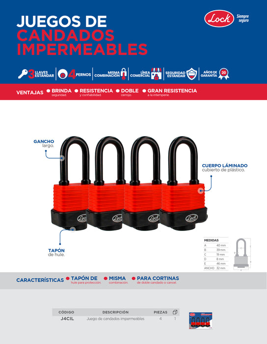 Juego de candados impermeables largos 40 mm, llave estándar, 4 piezas Lock