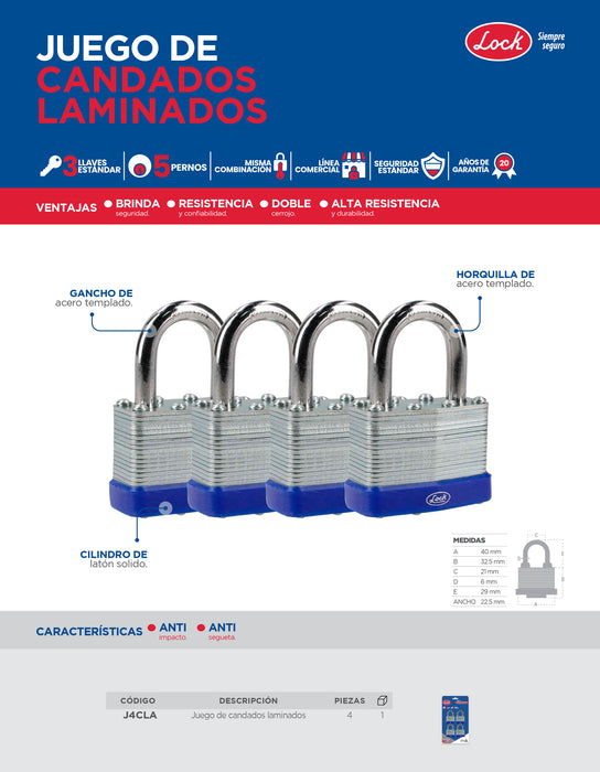 Juego de candados laminados 40 mm, llave estándar, 4 piezas Lock