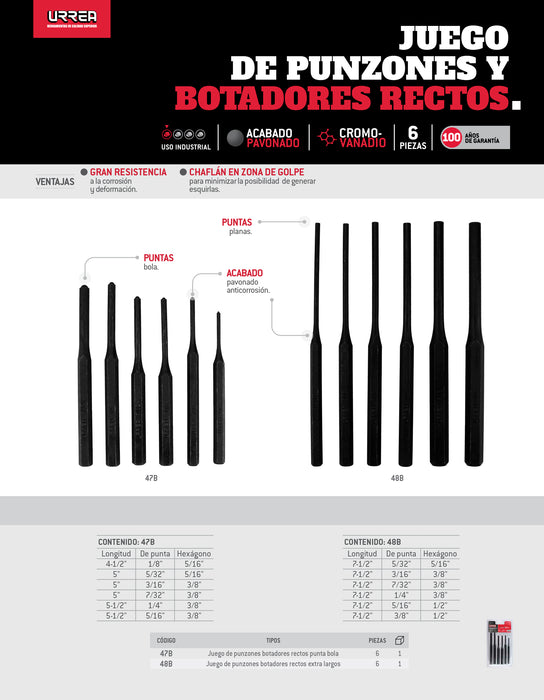 Juego de punzones extra largos, 6 piezas Urrea