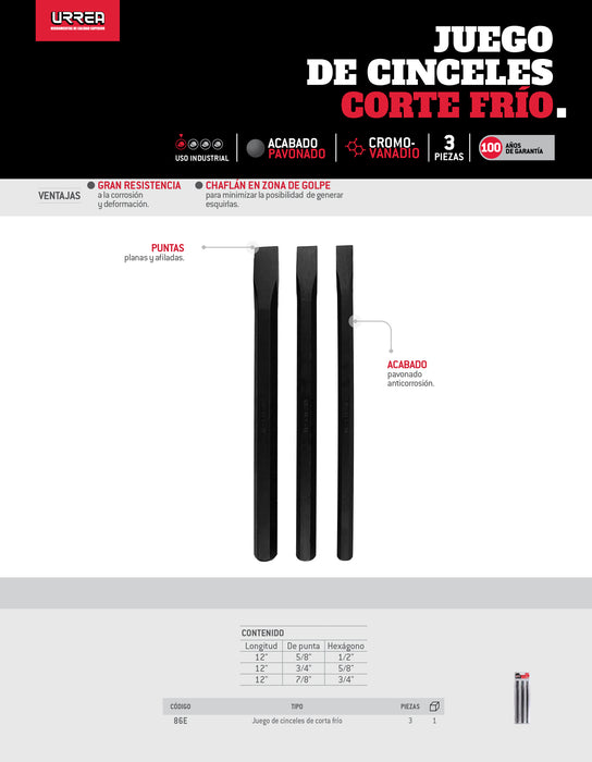 Juego de cinceles 5/8"-7/8", 3 piezas Urrea