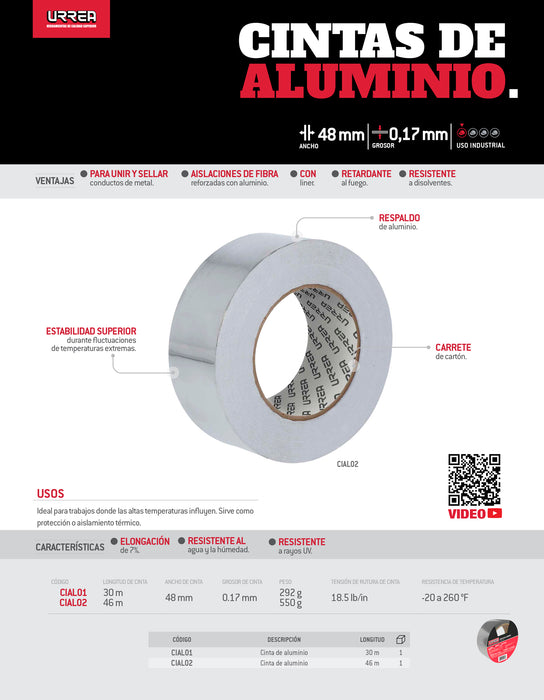 Cinta de aluminio 48 mm x 46 m Urrea
