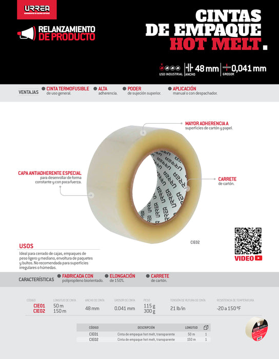 Cinta transparente hot melt para empacar 48 mm x 150 m Urrea