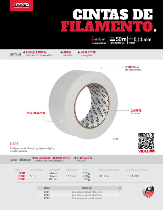 Cinta de filamento de fibra de vidrio 36 mm x 50 m Urrea