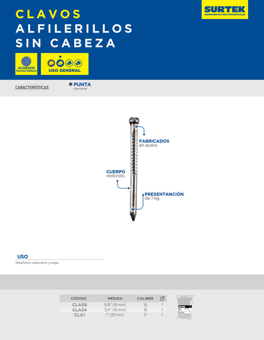 Clavo tipo alfiler sin cabeza 1", 1 kg Surtek