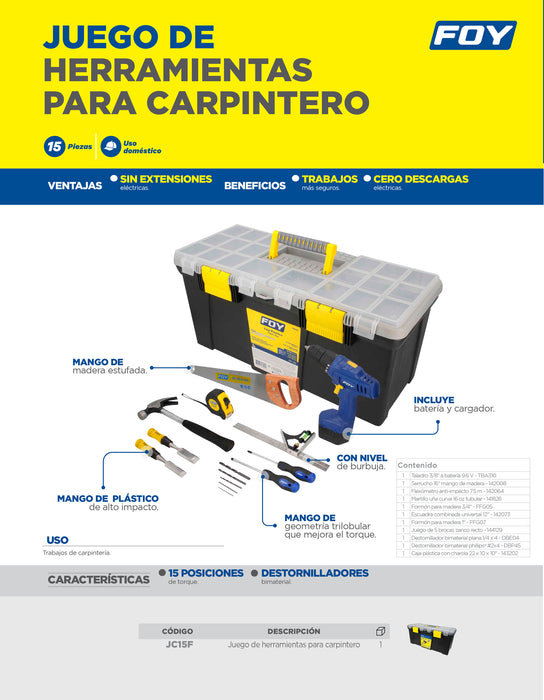 Juego combinado de herramientas para carpintero 15 piezas, con caja plástica Foy