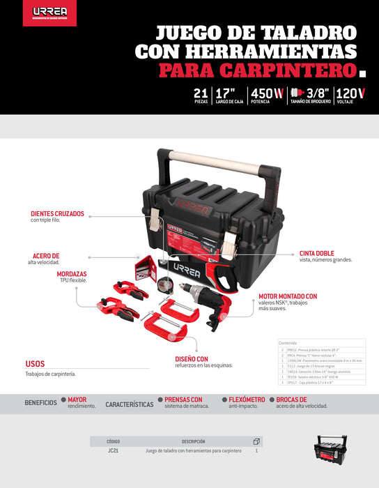 Juego de herramientas con taladro 21 piezas, caja plástica Urrea
