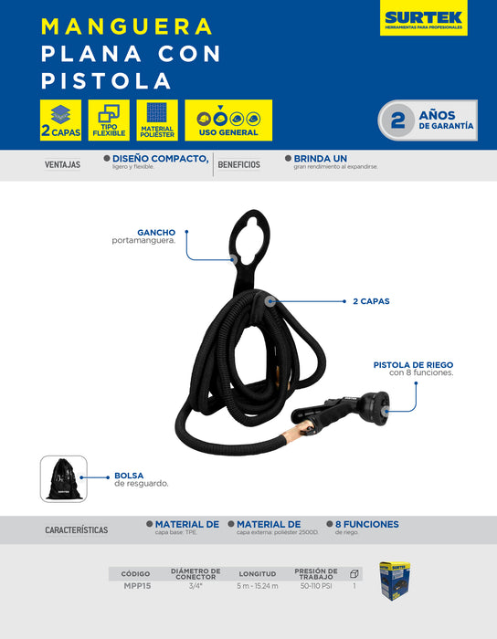 Manguera para jardín plana con pistola para riego 2 capas 3/4", 15 m Surtek