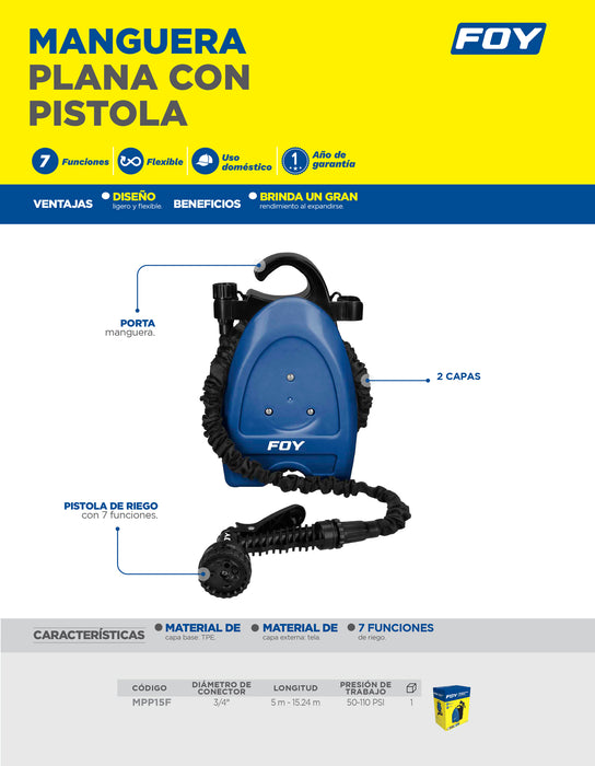 Manguera para jardín plana con pistola para riego y portamanguera 3/4", 15 m Foy