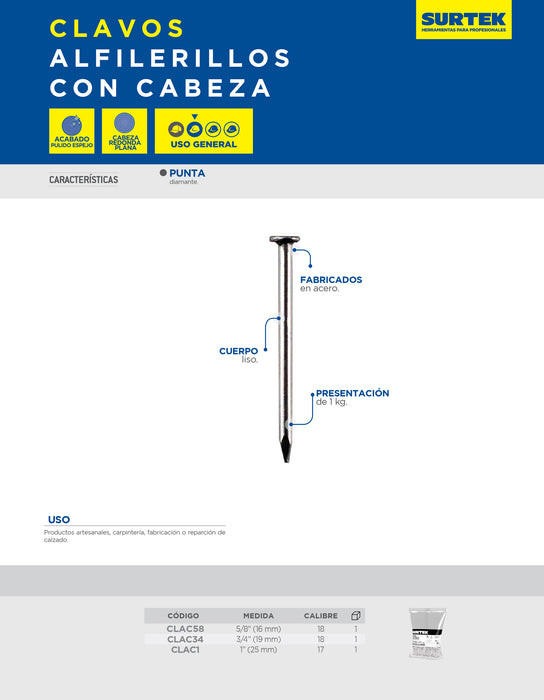 Clavo tipo alfiler con cabeza 5/8", 1 kg Surtek