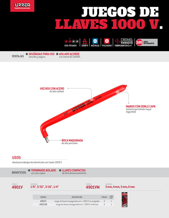 Juego de llaves hexagonales tipo "L" 1000 V métricas, 4 piezas Urrea