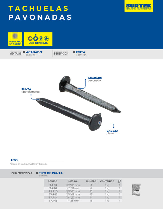 Tachuela pavonada 1 kg, #14, 7/8" Surtek
