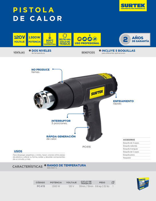 Pistola de calor 300° C a 500°C 1500 W 120 V enfriamiento rápido Surtek