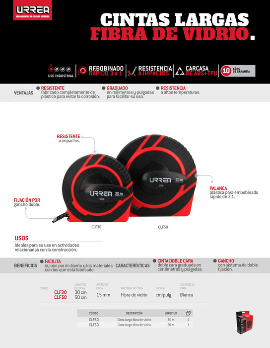 Cinta larga de fibra de vidrio 30 m Urrea