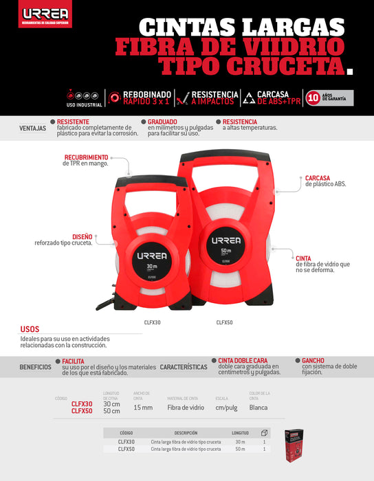 Cinta larga de fibra de vidrio tipo cruceta 30 m Urrea