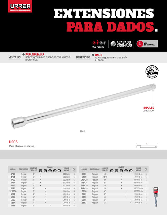 Extensión para dado cuadro de 1/2", 10" Urrea