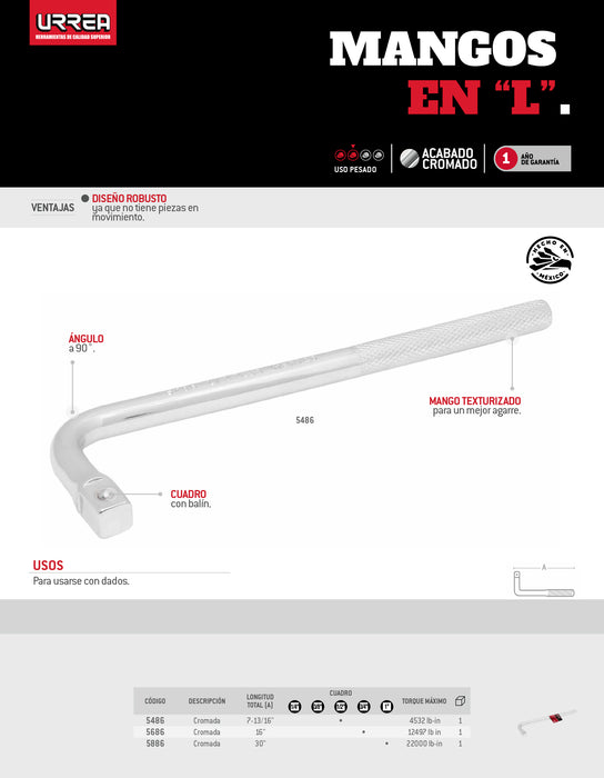 Mango en L para dado cuadro de 1", 30" Urrea