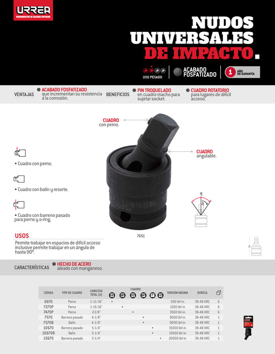 Nudo universal para dado de impacto con perno cuadro de 1/4", 1-11/16" Urrea