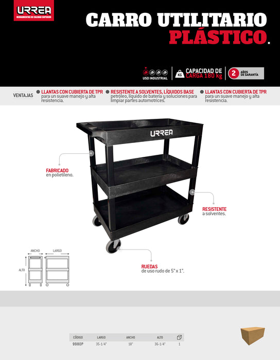 Carro utilitario plástico 35" x 18" 3 niveles Urrea