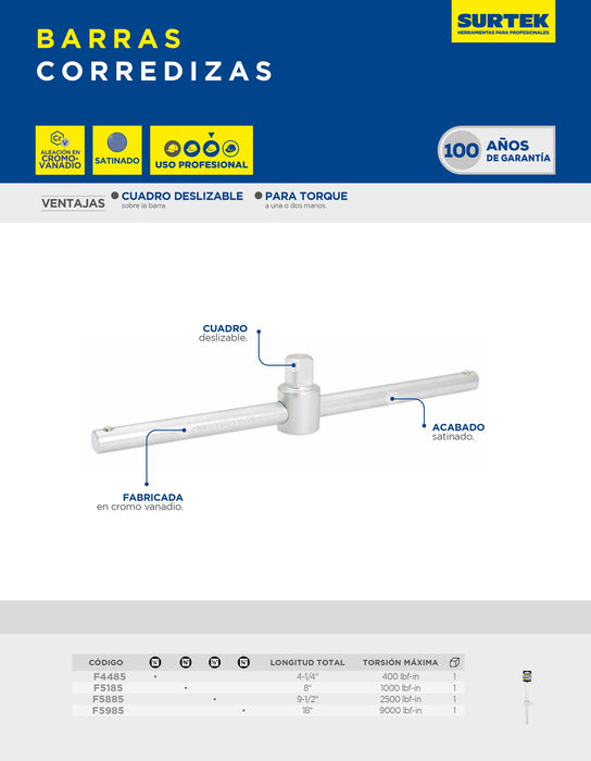 Barra corrediza para dado cuadro de 1/2", 9-1/2" Surtek