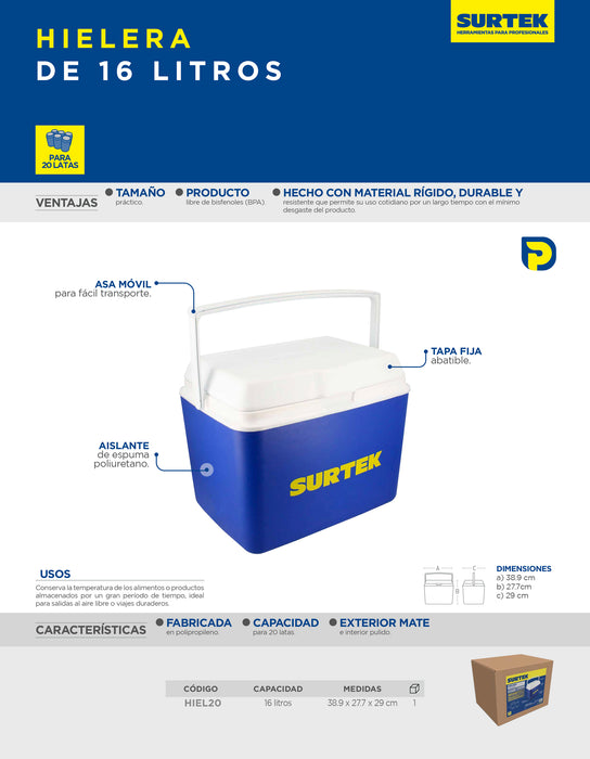 Hielera azul de 16 Lt, 38.9 x 29 x 27.5 cm Surtek