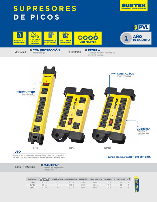 Supresor de picos 6 entradas cable 1200 J, 90 cm Surtek