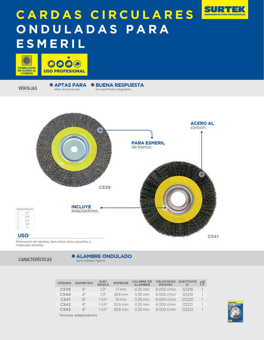 Carda circular ondulada alambre delgado para esmeril 6" x 1-1/8" con adaptadores Surtek