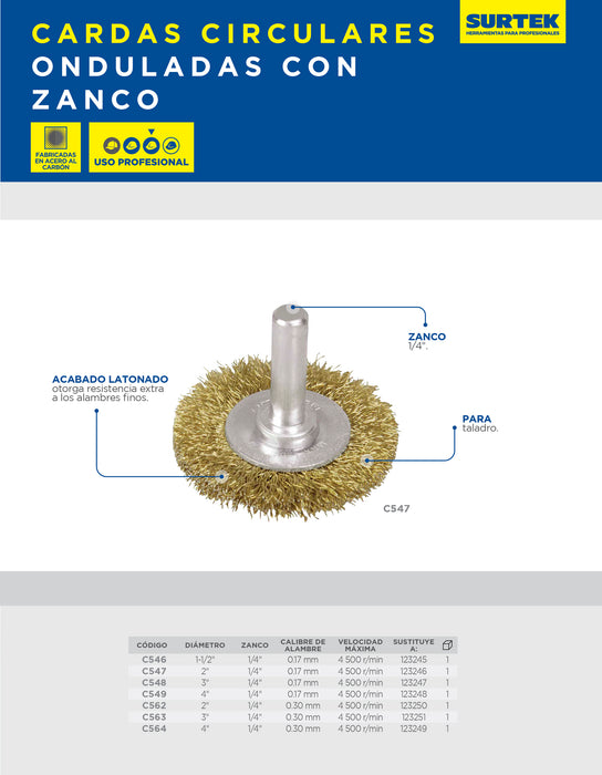 Carda circular ondulada alambre fino 3" x 0.17 mm con zanco 1/4" Surtek
