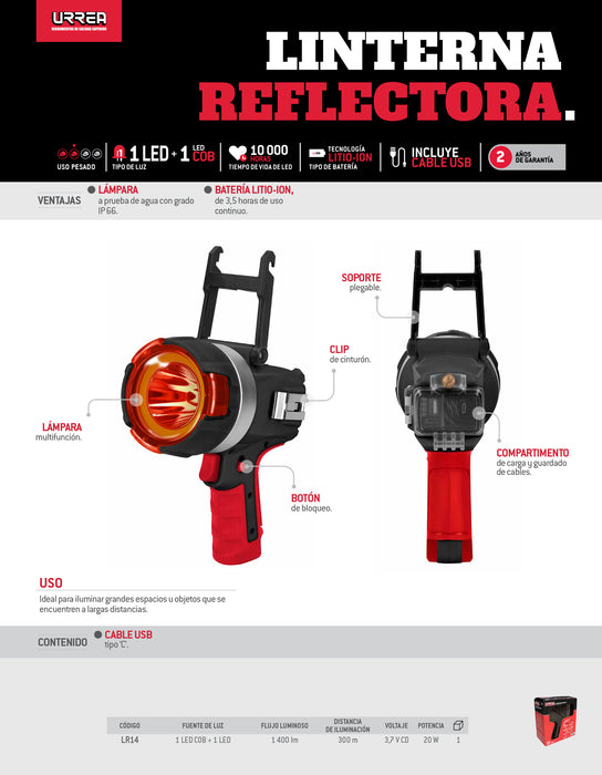 Linterna de LED reflectora a prueba de agua recargable de 1,400 lm Urrea