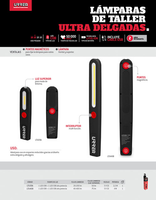 Lámpara de LED para taller ultra delgada, recargable de 400 lm Urrea