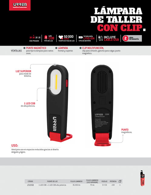 Lámpara de LED para taller ultra delgada, recargable de 350 lm Urrea