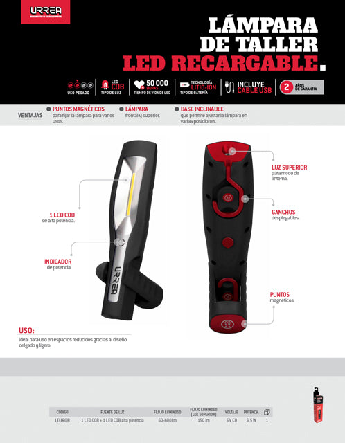 Lámpara de LED para taller ultra delgada, recargable de 600 lm Urrea