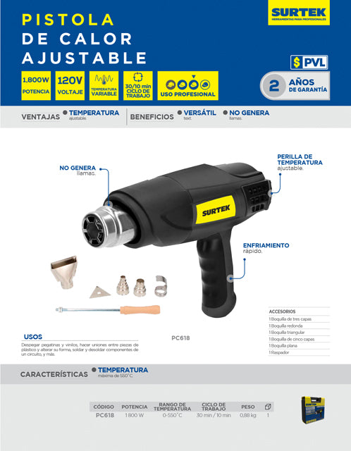 Pistola de calor 50° C a 550°C 1800 W 120 V enfriamiento rápido Surtek