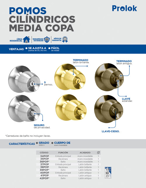 Pomo cilíndrico media copa función entrada, acero inoxidable, llave estándar, blíster Prolok