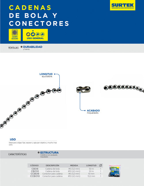 Conector para cadena tipo bola #10, 100 piezas Surtek