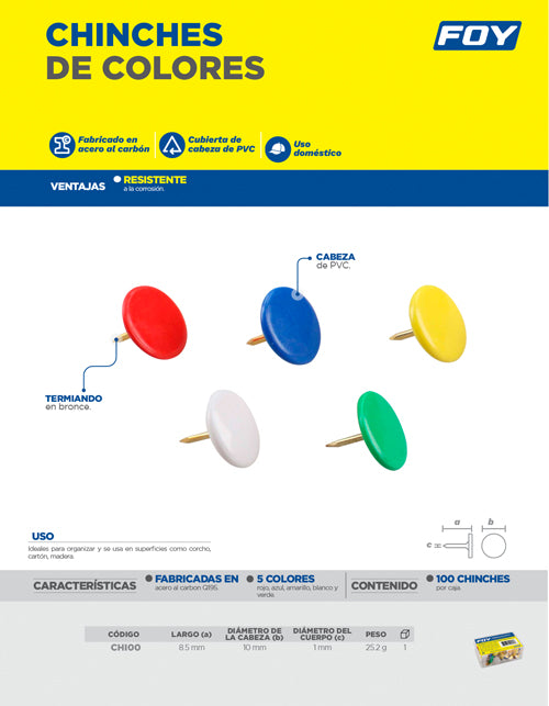 Chinches con cabeza cubierta de PVC de colores, 100 piezas Foy