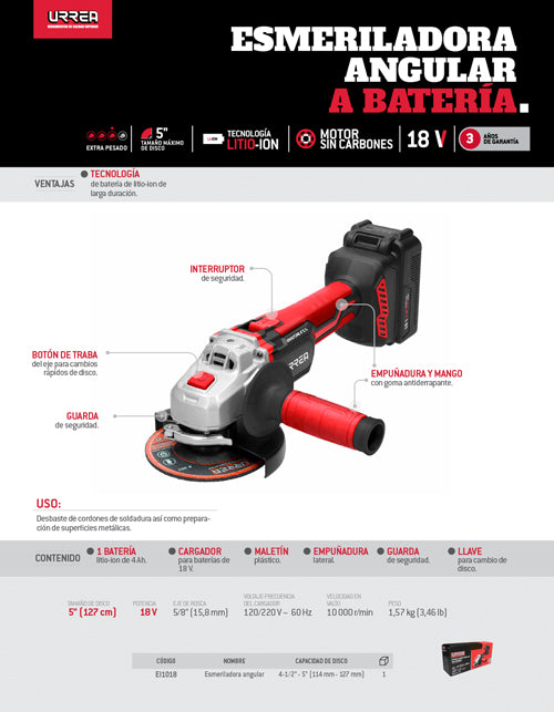 Esmeriladora angular inalámbrica  4-1/2" - 5" a batería Litio-ion 18 V Urrea