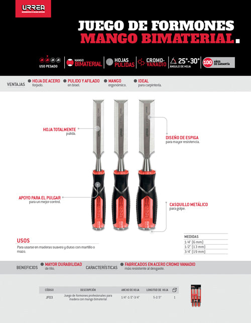 Juego de formones para madera con mango bimaterial 1/4", 1/2" y 3/4", 3 piezas Urrea