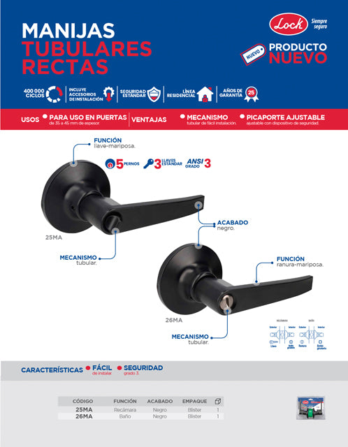 Manija tubular recta función baño, negra, llave estándar, blíster Lock